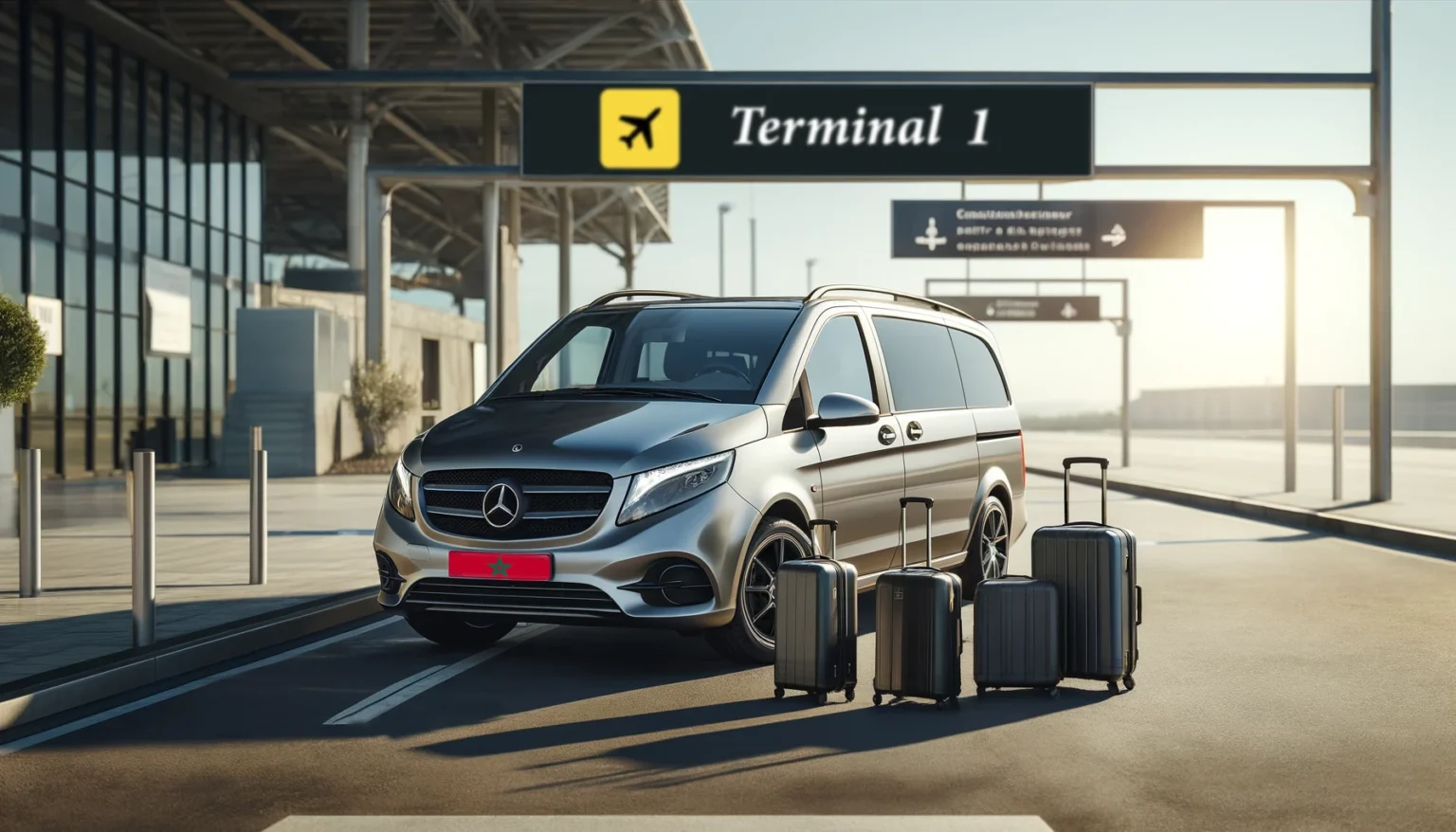 A Mercedes Vito Tourer parked at a “Terminal 1” drop-off zone at an airport during the day. The car’s side door is open, and three travel bags are placed on the pavement next to it. The scene is set in bright daylight, with modern airport architecture and directional signs visible in the background.