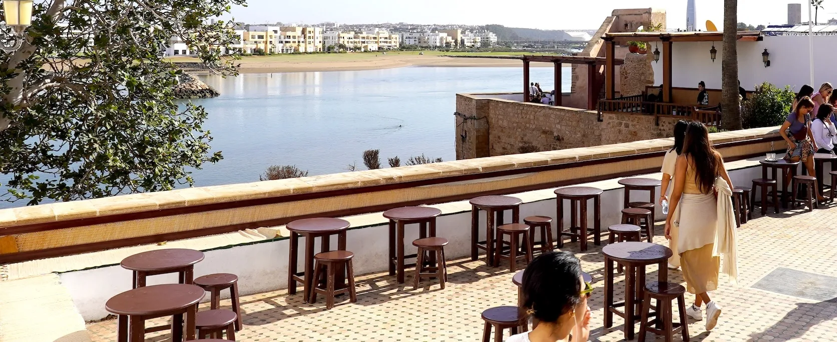 Outdoor café terrace at Kasbah of the Udayas overlooking the Bouregreg River in Rabat, Morocco