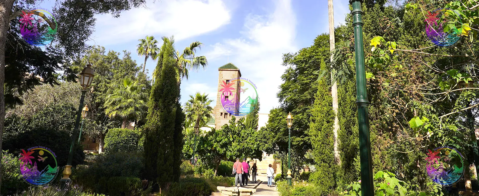 Lush green garden with a historic tower in Rabat, part of Morocco Tours & Transfers’ sightseeing tours