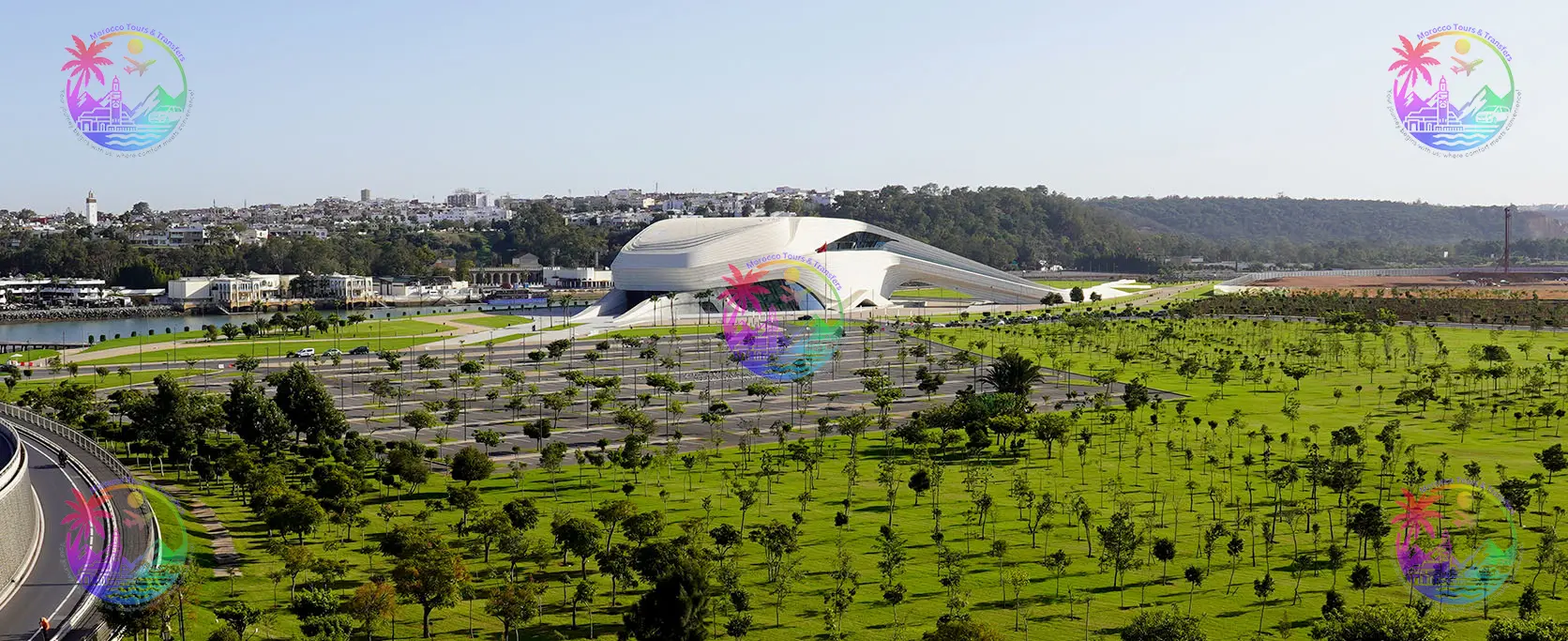 Modern architecture surrounded by greenery in Rabat, featured in Morocco Tours & Transfers tours