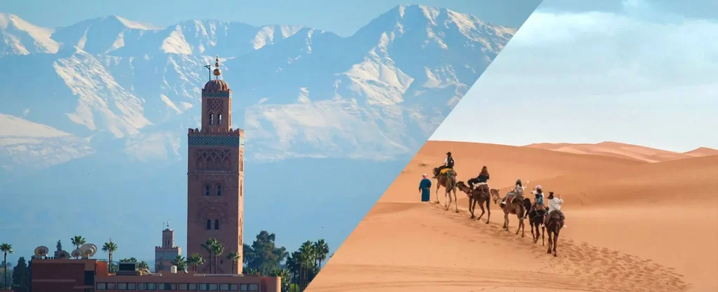 Marrakech desert tour featuring camel caravans and scenic sand dunes in the Moroccan Sahara at sunset.