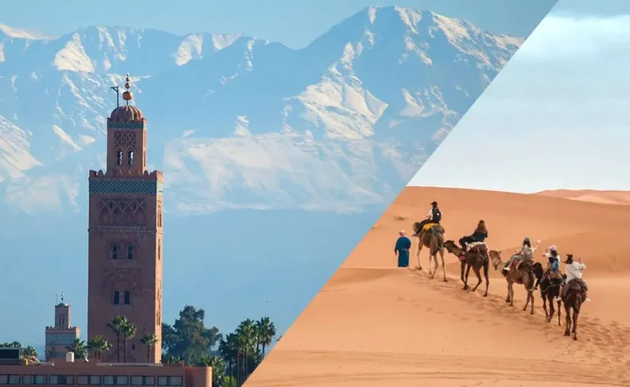 Marrakech desert tour featuring camel caravans and scenic sand dunes in the Moroccan Sahara at sunset.