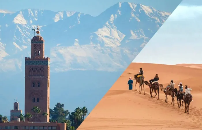 Marrakech desert tour featuring camel caravans and scenic sand dunes in the Moroccan Sahara at sunset.