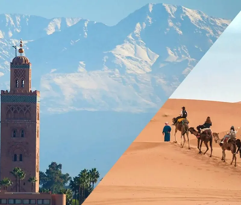 Marrakech desert tour featuring camel caravans and scenic sand dunes in the Moroccan Sahara at sunset.