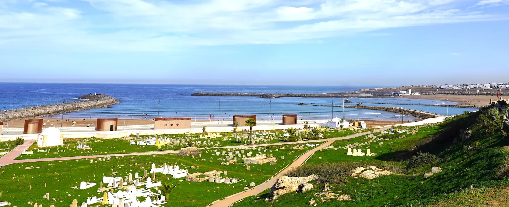 Historical site and cemetery near the Kasbah of the Udayas overlooking the river and Atlantic Ocean in Rabat, Morocco.