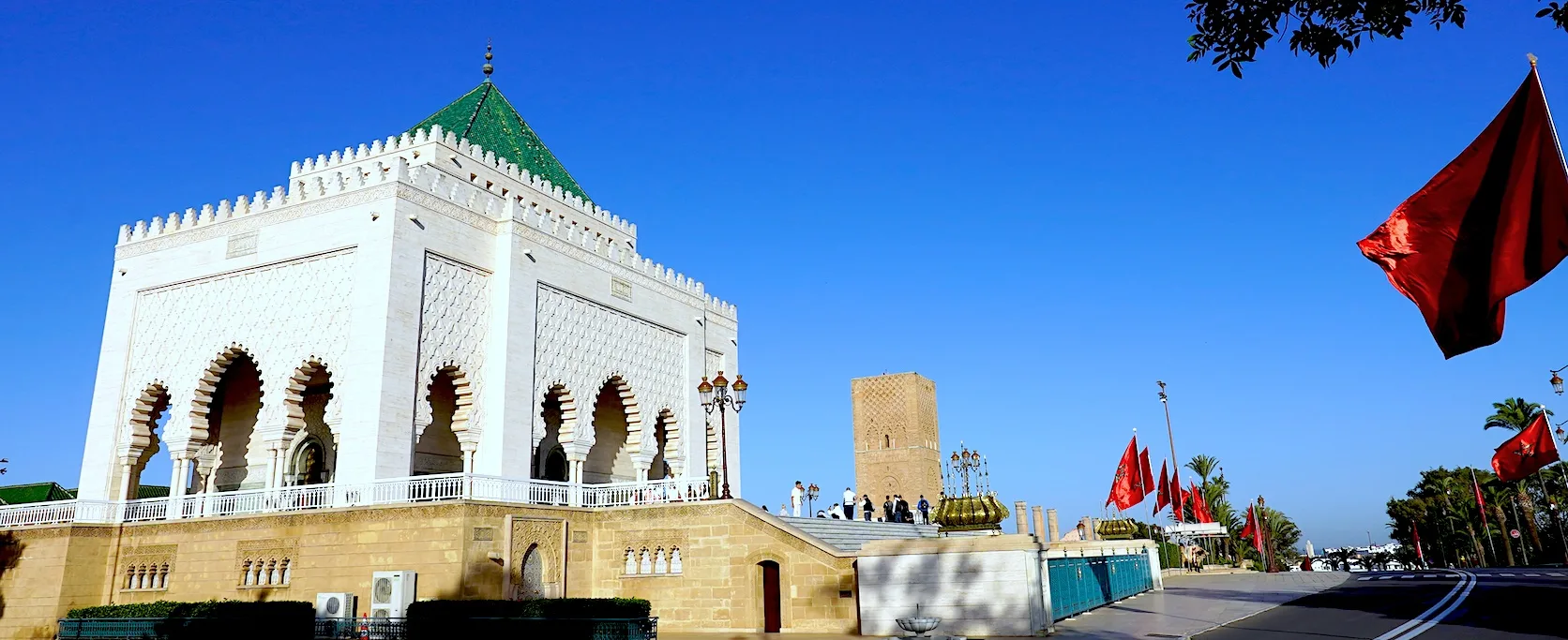 The Mausoleum of Mohammed V in Rabat, Morocco, under a clear blue sky