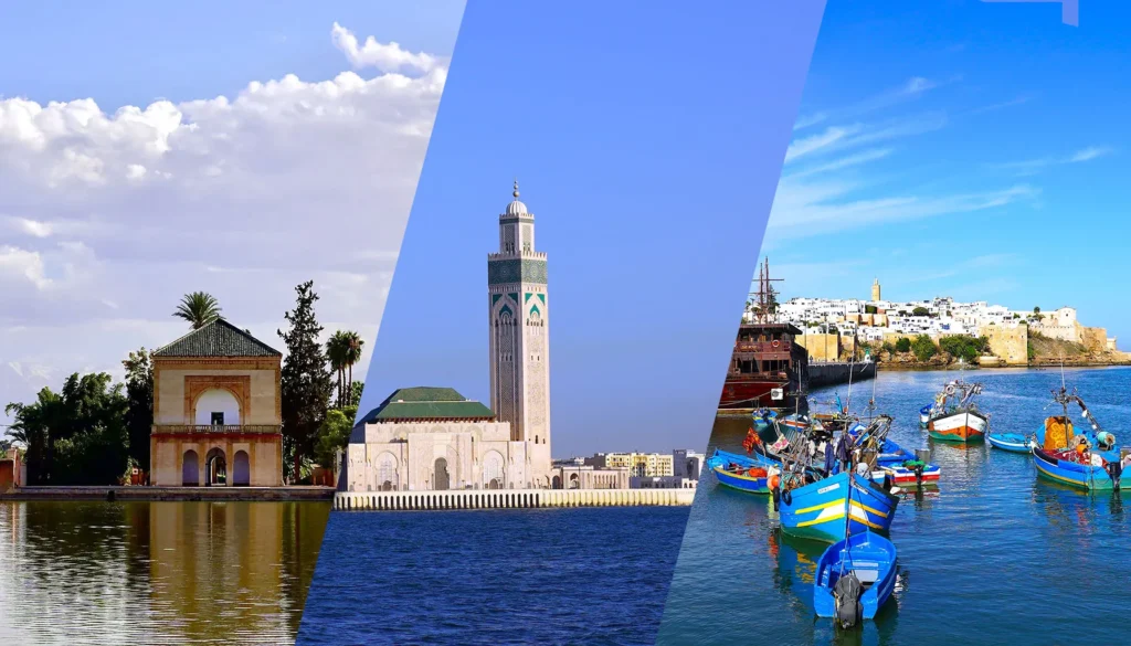 A collage of Morocco’s highlights: Menara Gardens in Marrakech, Hassan II Mosque in Casablanca, and colorful fishing boats at Bouregreg Marina in Rabat.