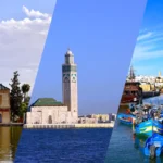 A collage of Morocco’s highlights: Menara Gardens in Marrakech, Hassan II Mosque in Casablanca, and colorful fishing boats at Bouregreg Marina in Rabat.