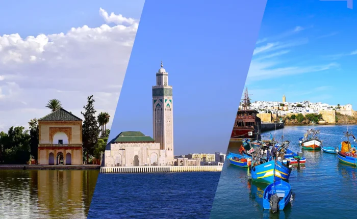 A collage of Morocco’s highlights: Menara Gardens in Marrakech, Hassan II Mosque in Casablanca, and colorful fishing boats at Bouregreg Marina in Rabat.