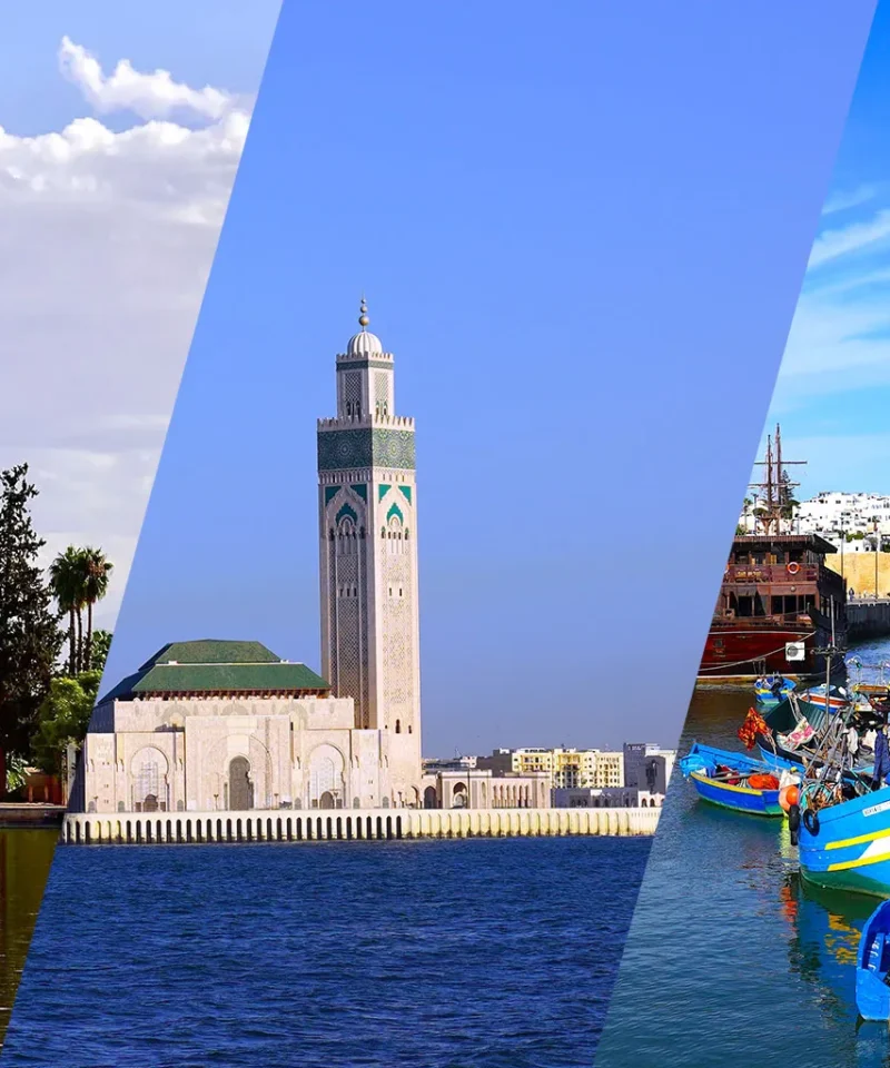 A collage of Morocco’s highlights: Menara Gardens in Marrakech, Hassan II Mosque in Casablanca, and colorful fishing boats at Bouregreg Marina in Rabat.