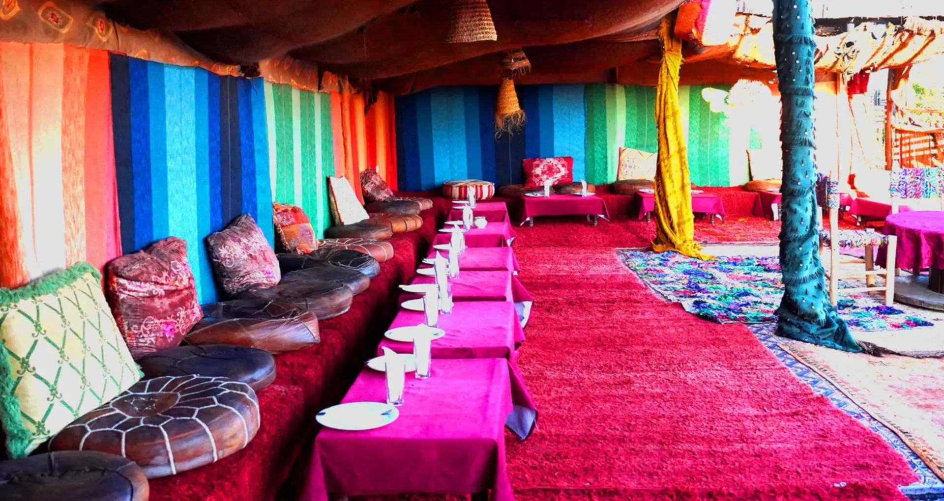 Beautiful dining setup in the Agafay Desert with traditional Moroccan décor